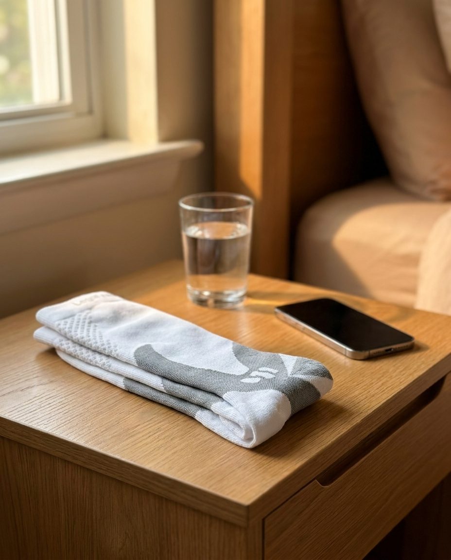 A folded pair of knee-high compression socks on a bedside table