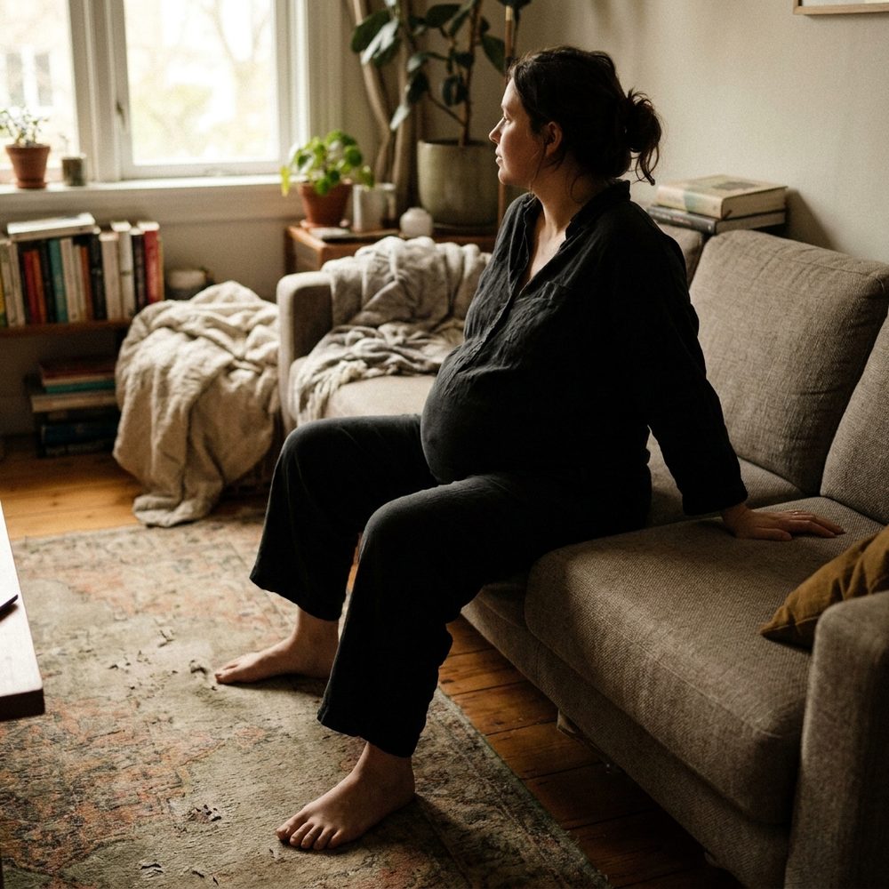 A woman in her third trimester sitting on the edge of a sofa at home, bare feet on the floor