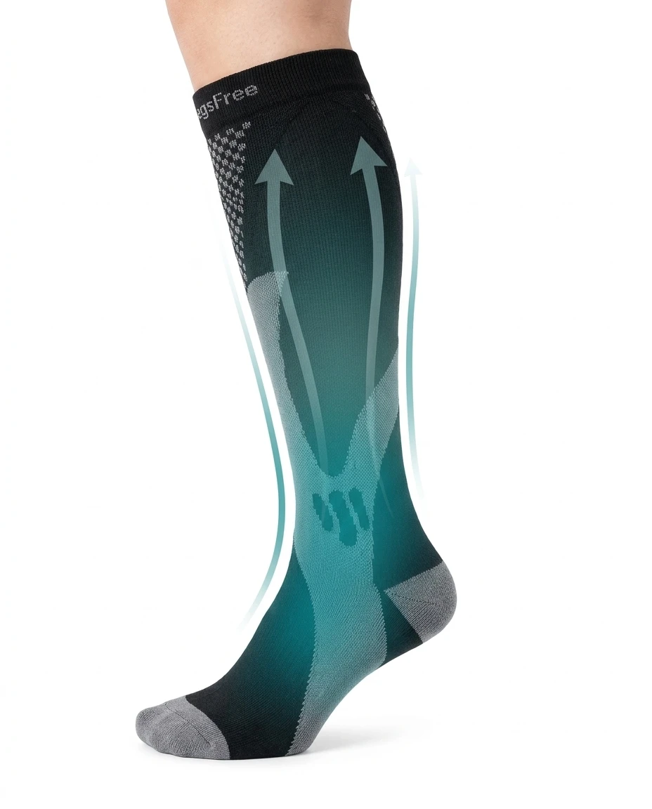 Illustration of graduated compression: firmest at the ankle, easing off up the calf
