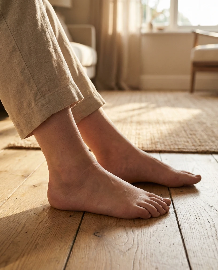Swollen ankles in the third trimester with a sock line pressed into the skin