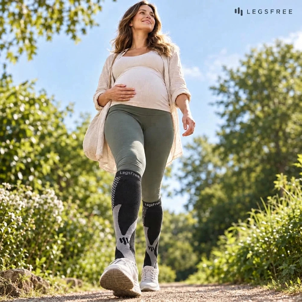 Pregnant woman walking outdoors wearing LegsFree compression socks